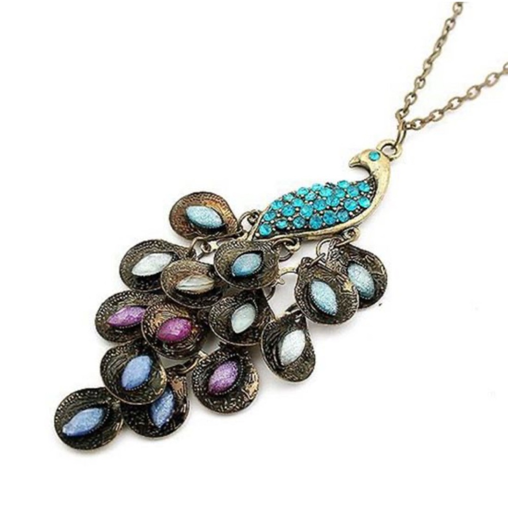 Peacock Articulated Pendant on Long Chain Necklace